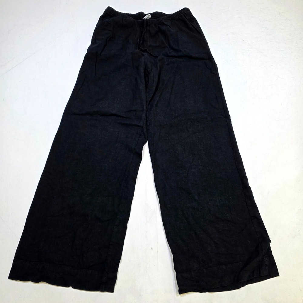 A New Day Pants Womens S Black Linen Blend Wide Leg Elastic Waist Relaxed Boho